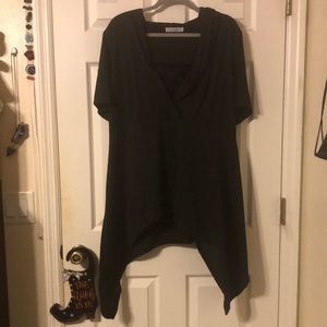 Black hooded faux wrap style top with black lace inlay